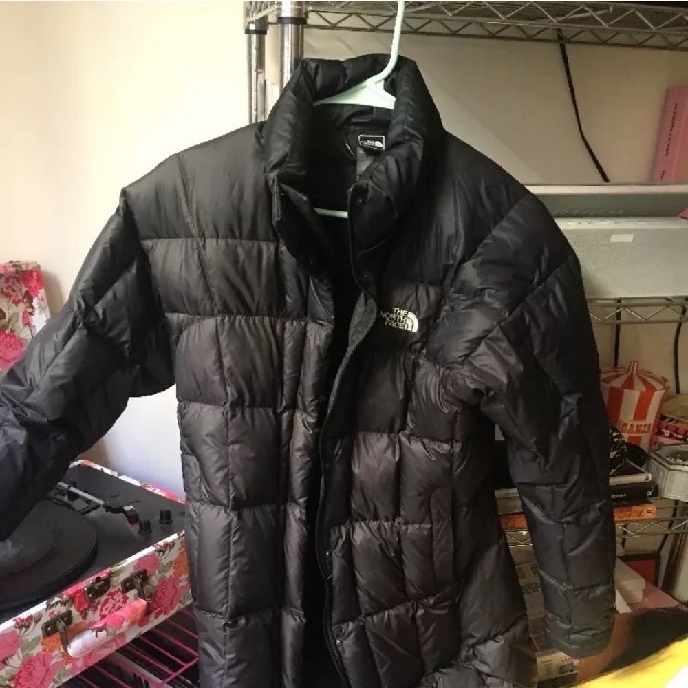 North face black puffer long coat